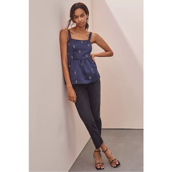 NEW Anthropologie Dhruv Kapoor Beaded Floral Rhinestone Babydoll Tank Top Large - Picture 1 of 3